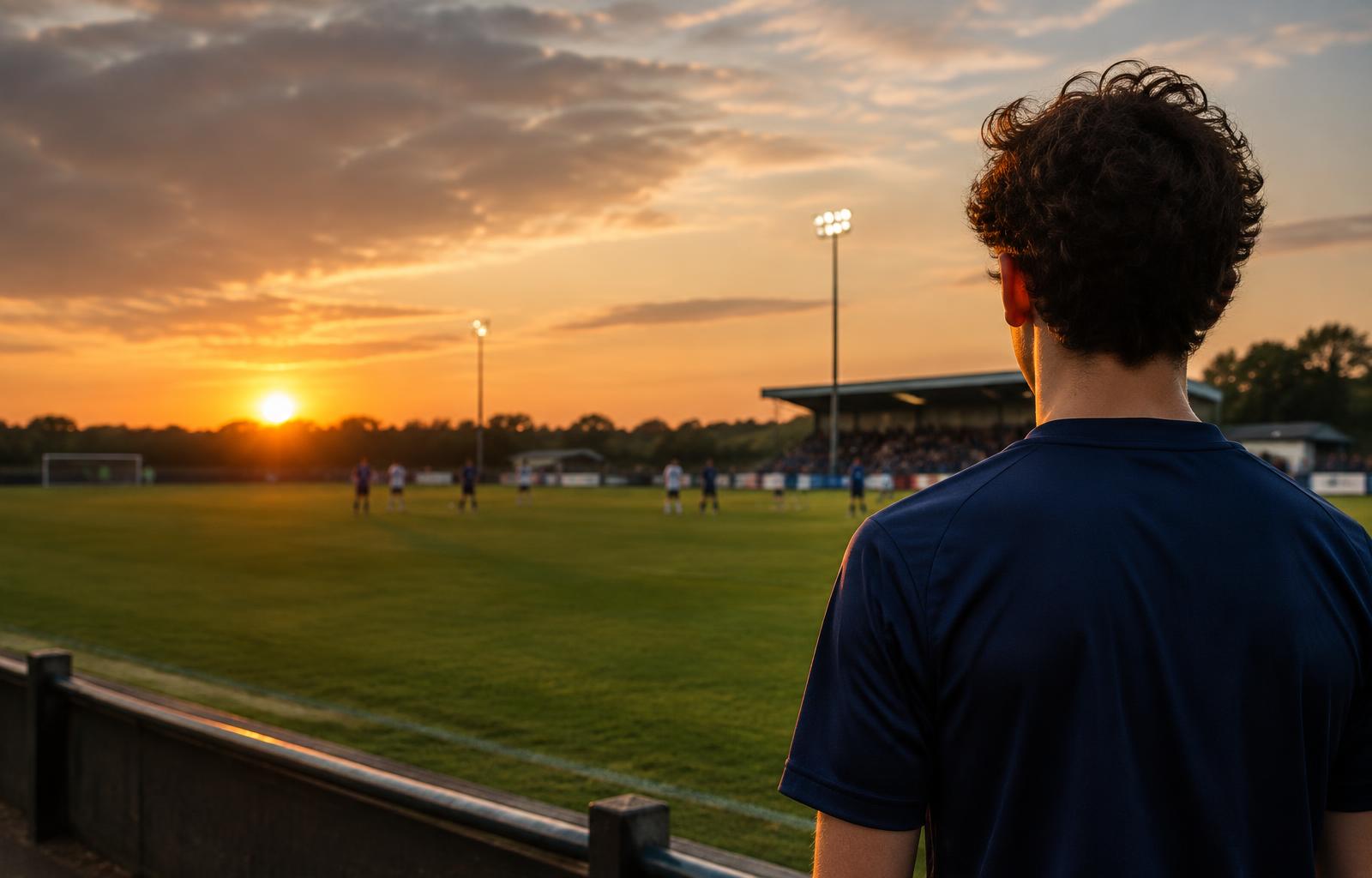 Jeune joueur regardant un match au coucher du soleil